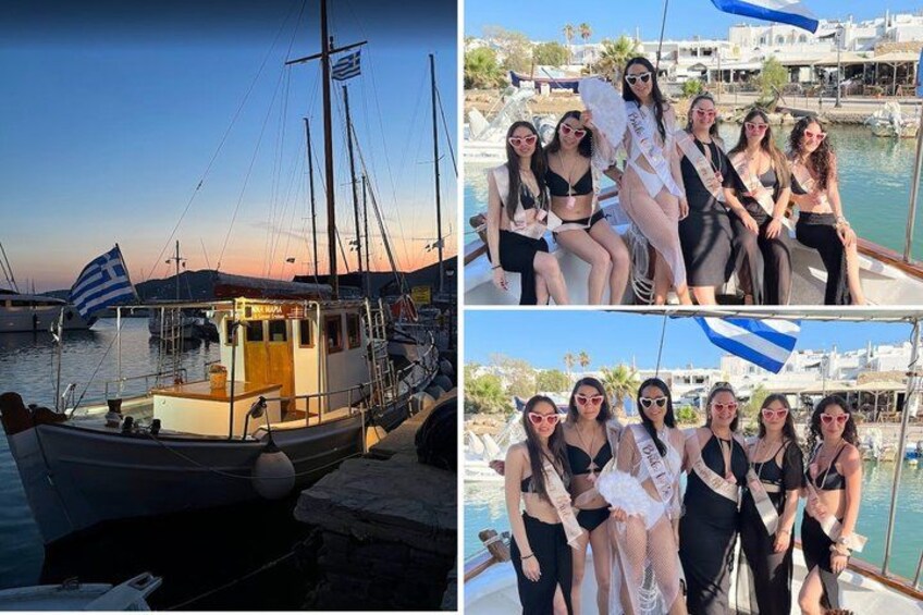 Een haven met boten, een zonsondergang en een groep mensen op een schip. 2
