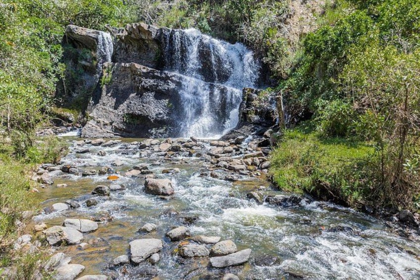 A waterfall, rocky stream, and lush greenery. 2