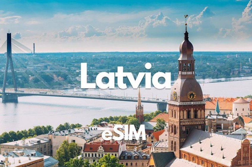 A cityscape with a prominent clock tower, a bridge, and the text 'Latvia eSIM'. 1