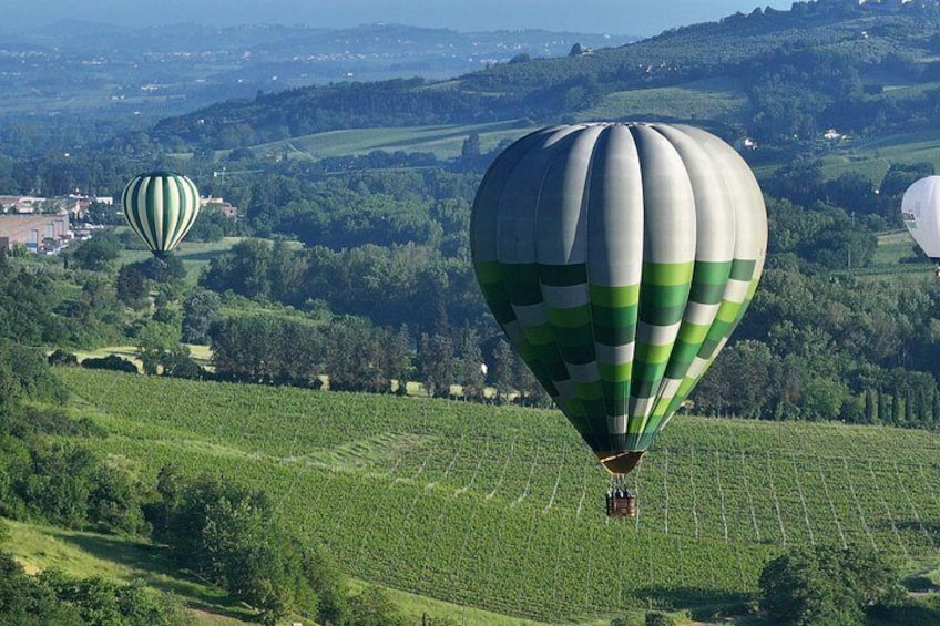 Two hot air balloons over a vineyard with rolling hills in the background. 3