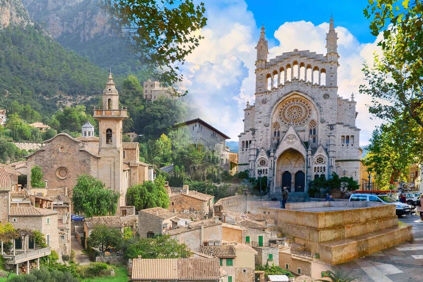 A historic town with a prominent church featuring a large rose window and a bell tower. 1
