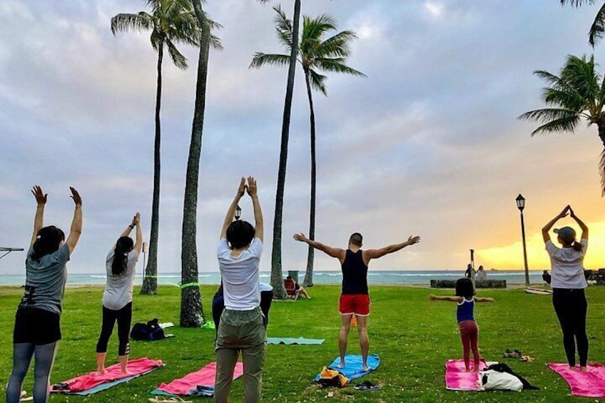 Beach Yoga on Waikiki with Diamondhead Backdrop 2