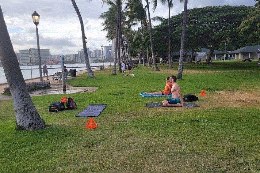 Beach Yoga on Waikiki with Diamondhead Backdrop 3