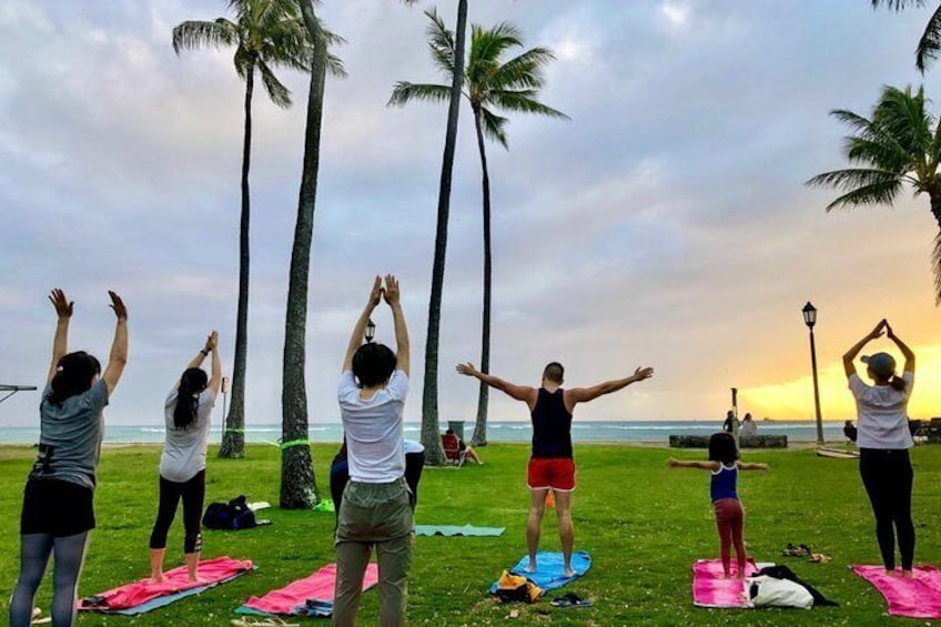 People doing yoga on mats on a grassy area near the beach with palm trees and the ocean in the background. 2