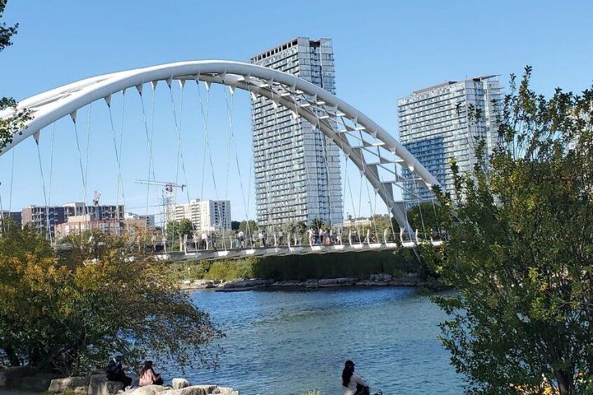 A modern bridge with a unique arch design, a river, and high-rise buildings in the background. 1