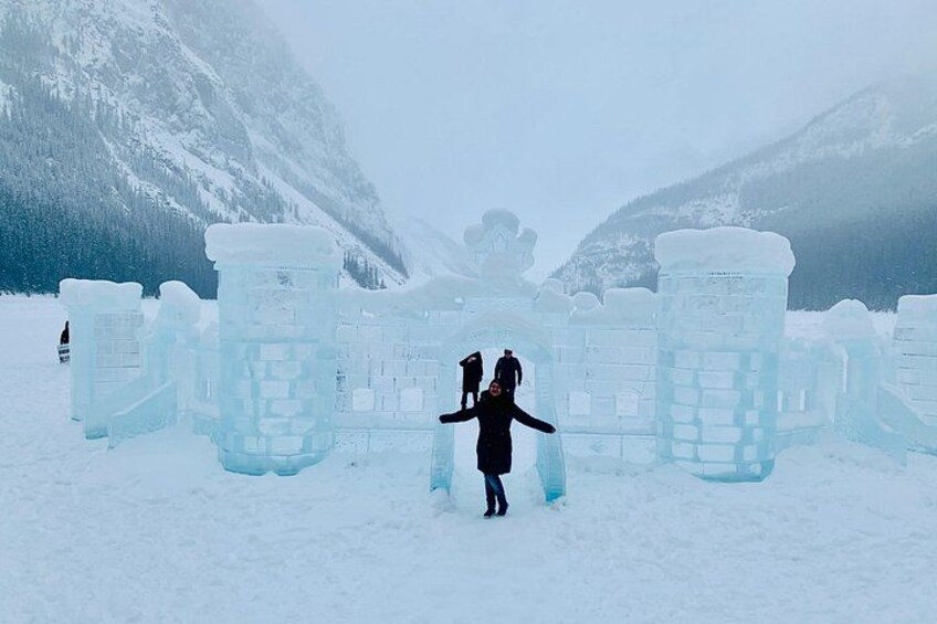 A person standing in a snowy landscape with ice structures. 2