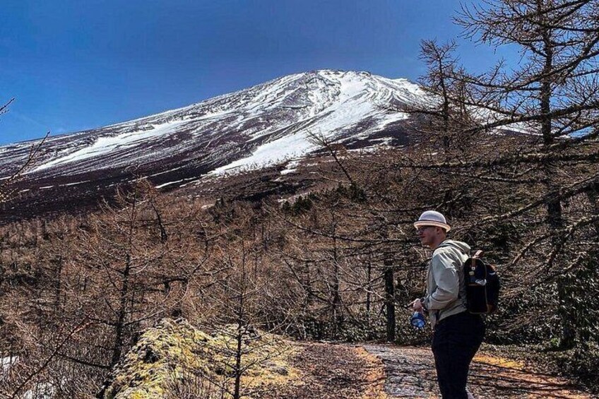 A hiker with a backpack and water bottle in a forested area with a snow-capped mountain in the background. 5
