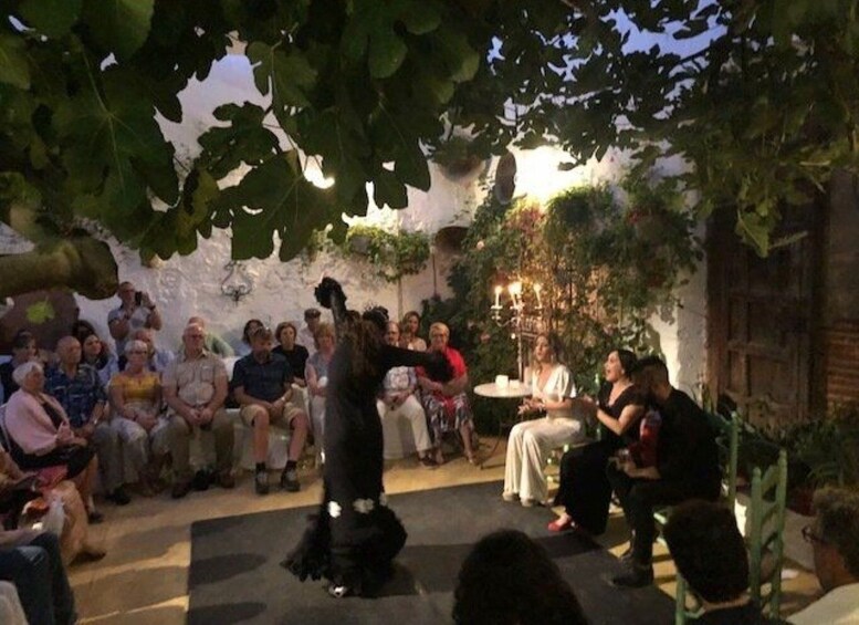 A group of people seated outdoors under trees, engaged in a discussion or event. 4