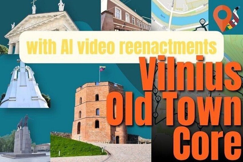 A collage of Vilnius Old Town with AI video reenactments, including a church, a building with a flag, a map, and a statue. 1