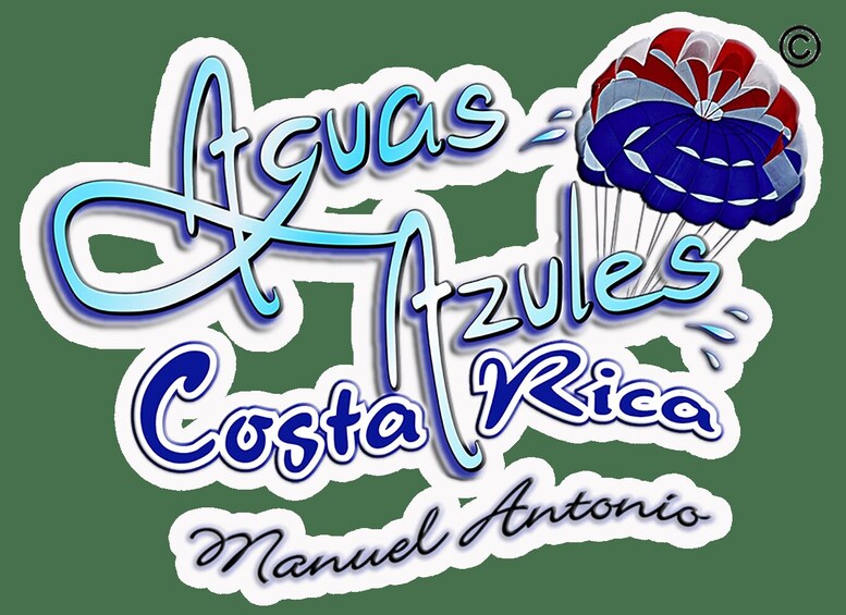 Logotipo con el texto 'Agua Azules Costa Rica' y 'Manuel Antonio', e imagen de un paracaídas. 2