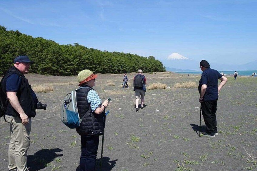 Eine Gruppe Wanderer auf einem Pfad, im Hintergrund ein Berg. 3
