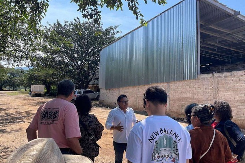 A group of people standing outdoors near a large building with a metal roof, a brick wall, and a tree in the background. 5