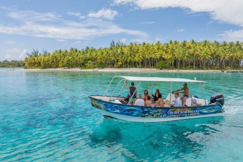 A boat with passengers on a turquoise sea, palm trees, and a beach in the background. 5