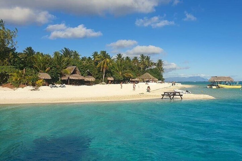 A tropical beach with clear turquoise water, palm trees, and thatched-roof huts. 1