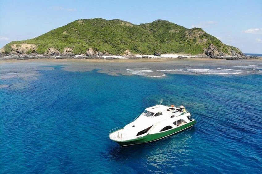 Un bote sobre aguas azules y transparentes, con una isla verde al fondo. 3