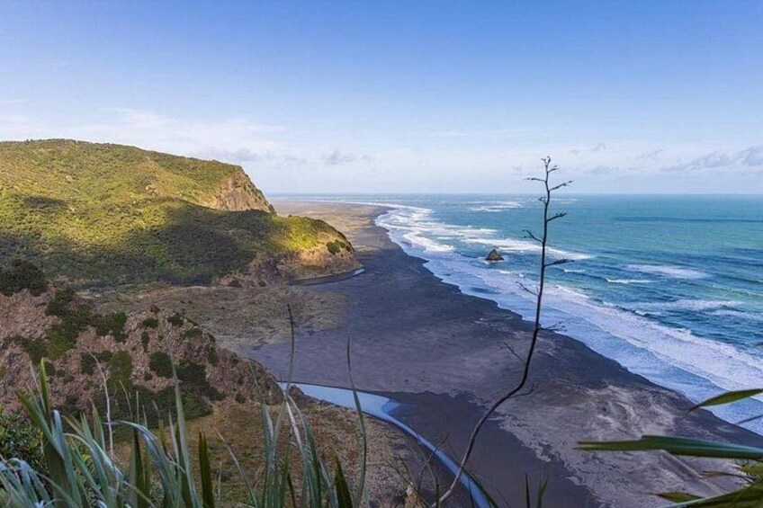 A coastal landscape with a beach, ocean waves, and a grassy hill. 2