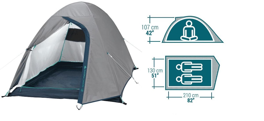 A dome-shaped tent with dimensions of 107 cm (42 inches) at the base, 130 cm (51 inches) in height, and a diameter of 210 cm (82 inches). 2