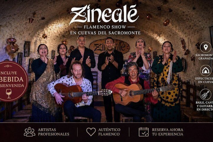 A group of people performing flamenco music in a rustic setting with stone walls and traditional decor. 1