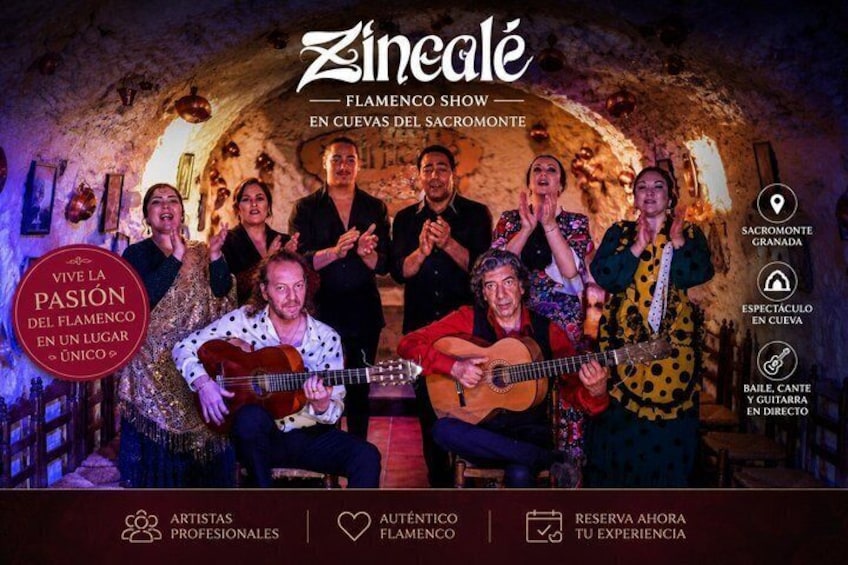 A group of musicians performing flamenco music in a cave setting. 1