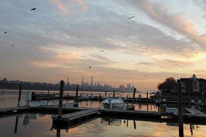A marina with boats docked, a city skyline in the background, and birds flying in the sky. 4