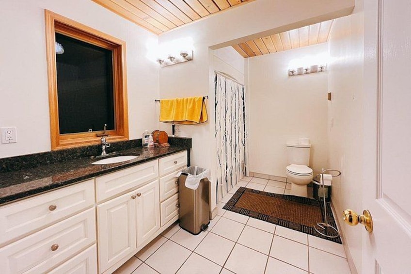A bathroom with a sink, toilet, and a window. 2