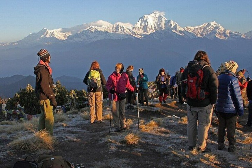 A group of hikers on a mountain trail with snow-capped peaks in the background. 1