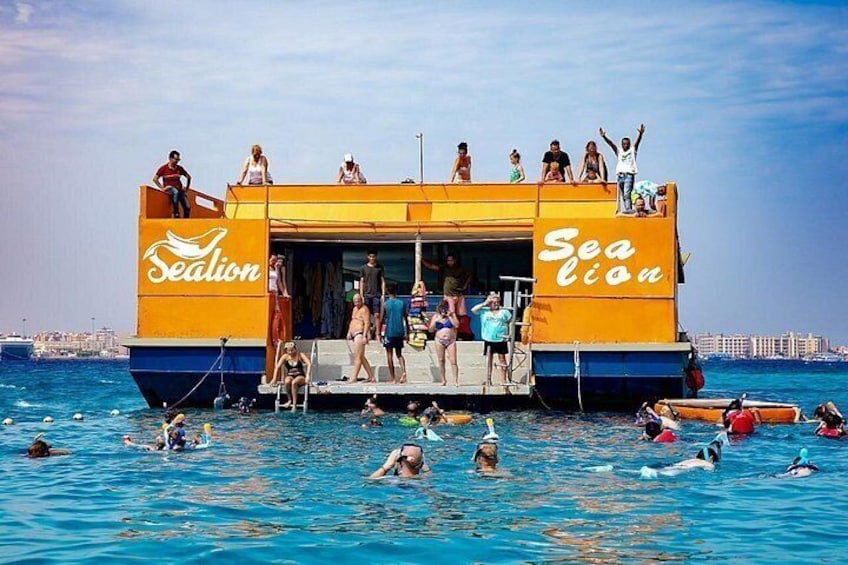 A Sea Lion boat with people on and in the water. 4