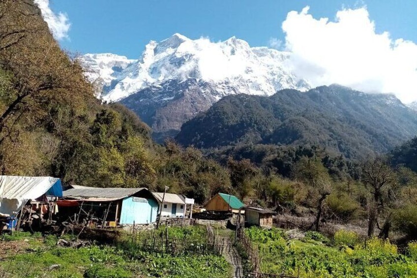 Un paysage montagneux avec des sommets enneigés, quelques petits bâtiments et un ciel dégagé. 3