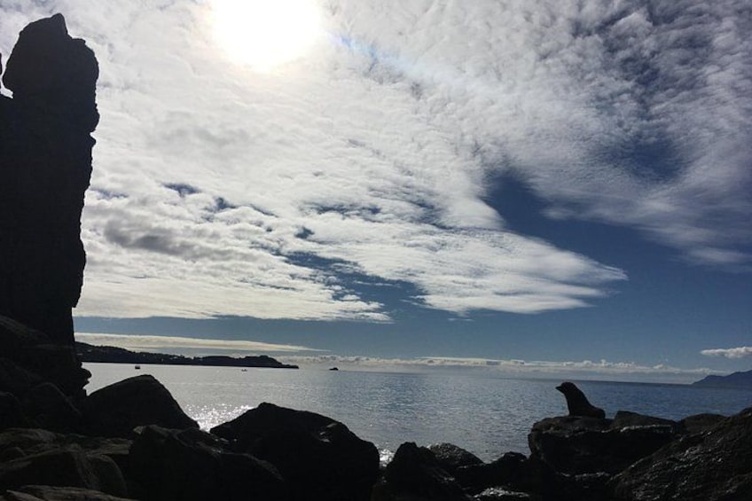 Ett kustlandskap med en markant klippformation, ett lugnt hav och en avlägsen kustlinje under en delvis molnig himmel. 4