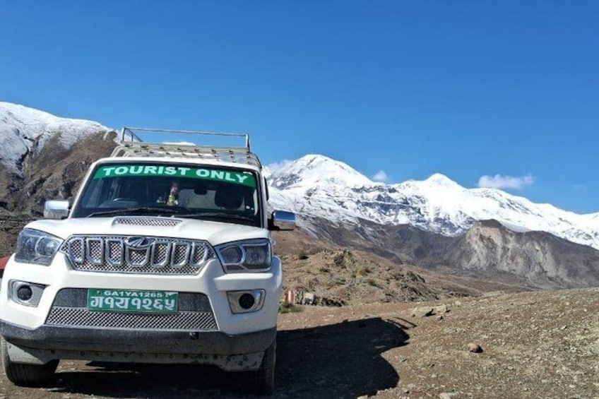 A white SUV with a 'TOURIST ONLY' sign, parked on a mountain road with snow-capped peaks in the background. 5