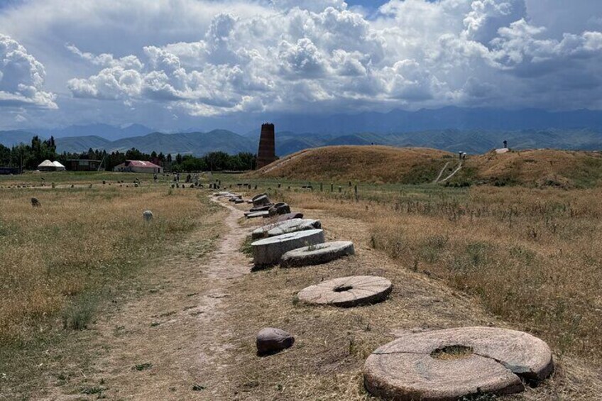 Un sentiero costellato da anelli di pietra, una torre in lontananza e dolci colline sotto un cielo nuvoloso. 1