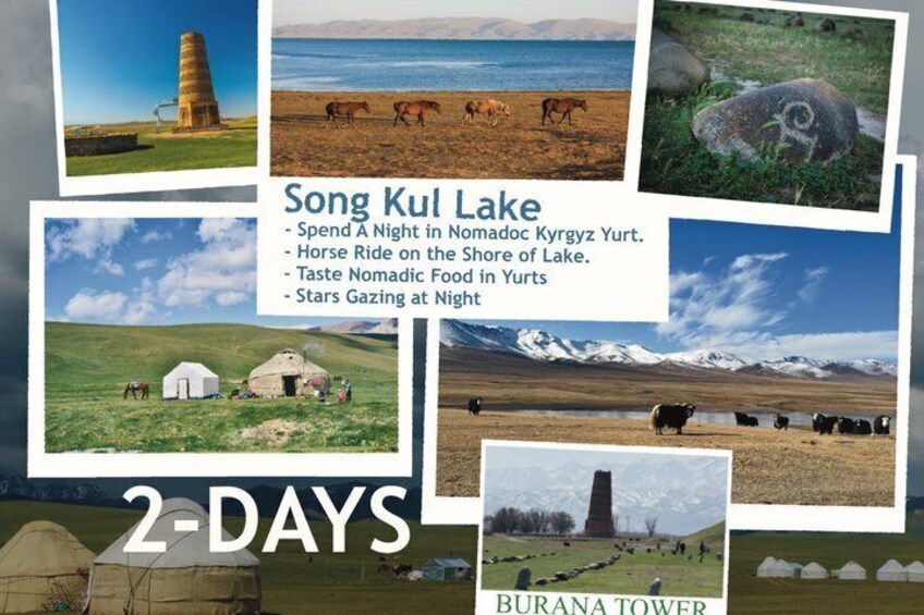 Eine 2-tägige Reiseroute am Song Kul See mit Aktivitäten wie einer Nacht in einer Jurte, einer Pferdereise, einer Verkostung nomadischer Küche und Sternenbeobachtung. 1