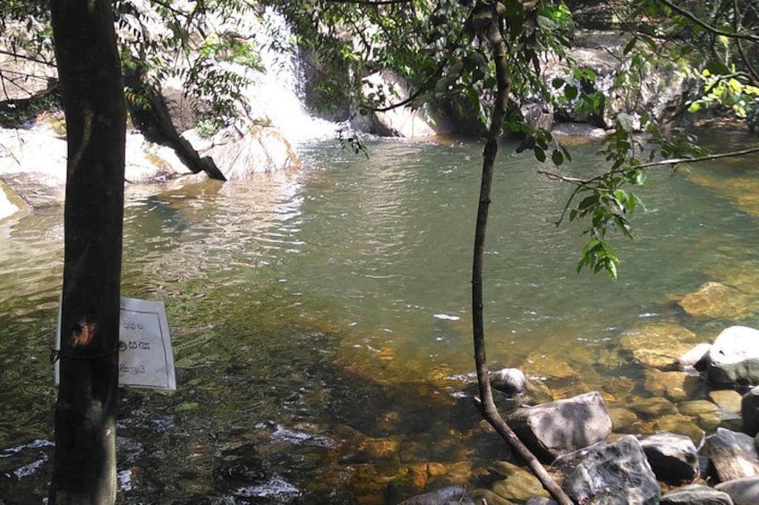 A clear stream with rocks and a sign on a tree. 4