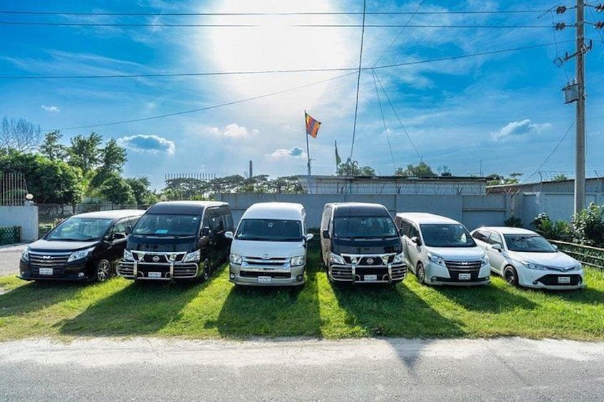 A row of parked cars on a grassy area beside a road. 3