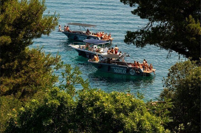 Three boats on a lake surrounded by trees. 4