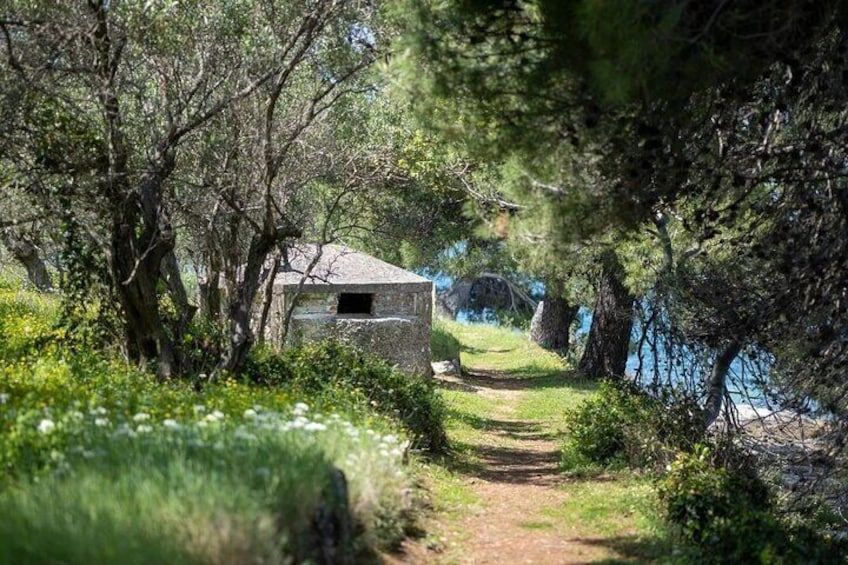 A stone building surrounded by trees and a path leading to a body of water. 3