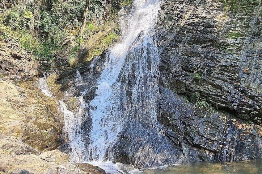 Une cascade d’eau se déversant sur un terrain rocheux, entourée d’une végétation luxuriante. 1