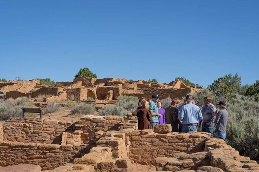 A group of people standing at an archaeological site with ancient ruins in the background. 5