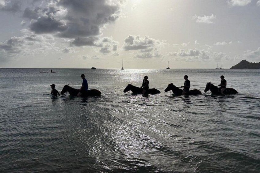 Personas montando a caballo sobre un mar tranquilo, con barcos y una isla distante al fondo. 2