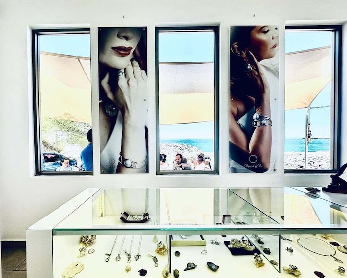 A jewelry display with various pieces and a beach scene in the background. 1