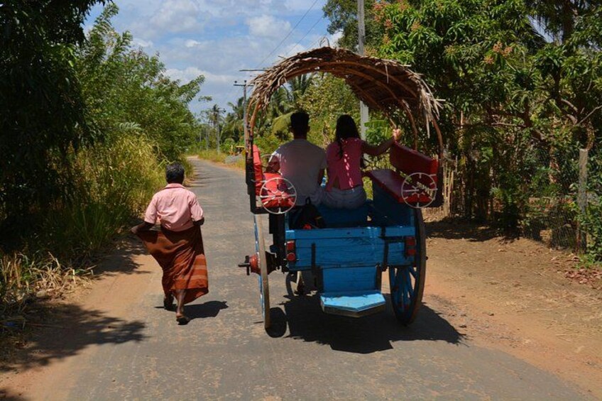 A man walking beside a cart with two passengers, a rural road, and greenery on both sides. 2