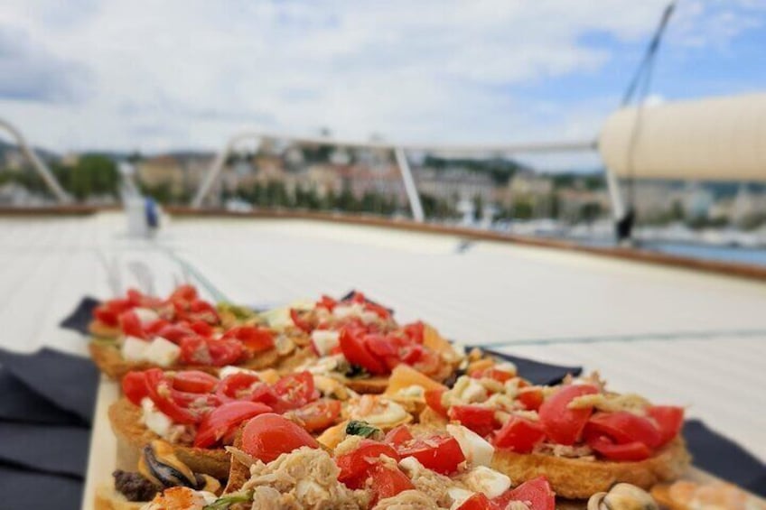 A table with a meal on a boat. 3