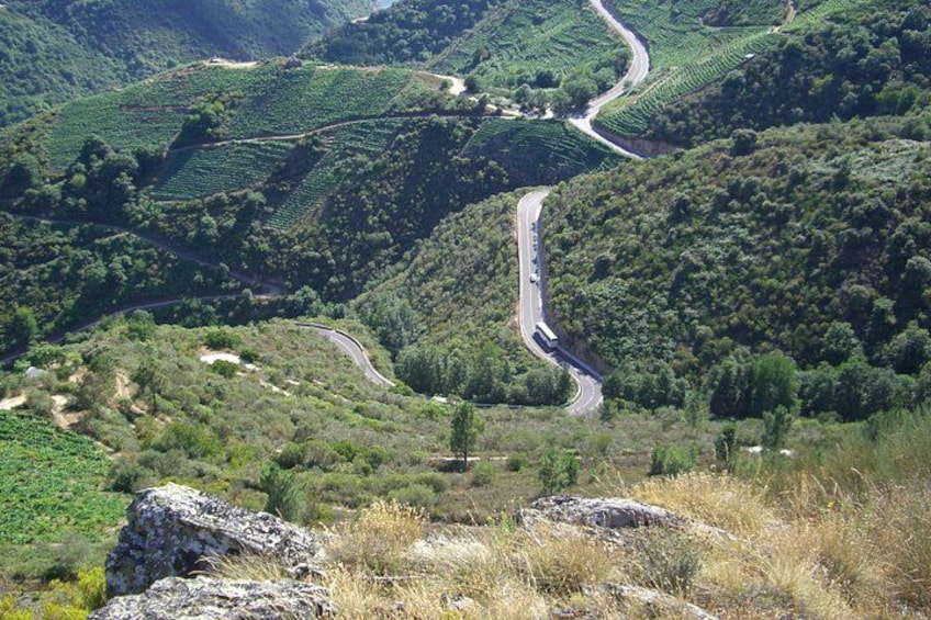 Un camino sinuoso atraviesa un paisaje montañoso con vegetación densa y afloramientos rocosos. 2