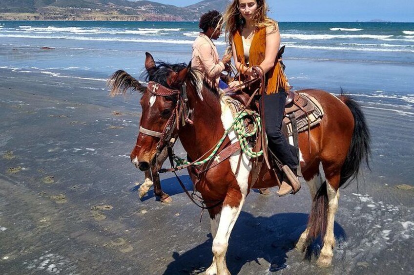 Un caballo con jinete y otra persona en una playa cerca del océano. 1