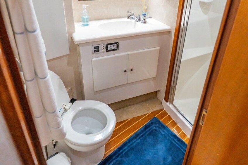 A bathroom with a toilet, sink, and shower. 2