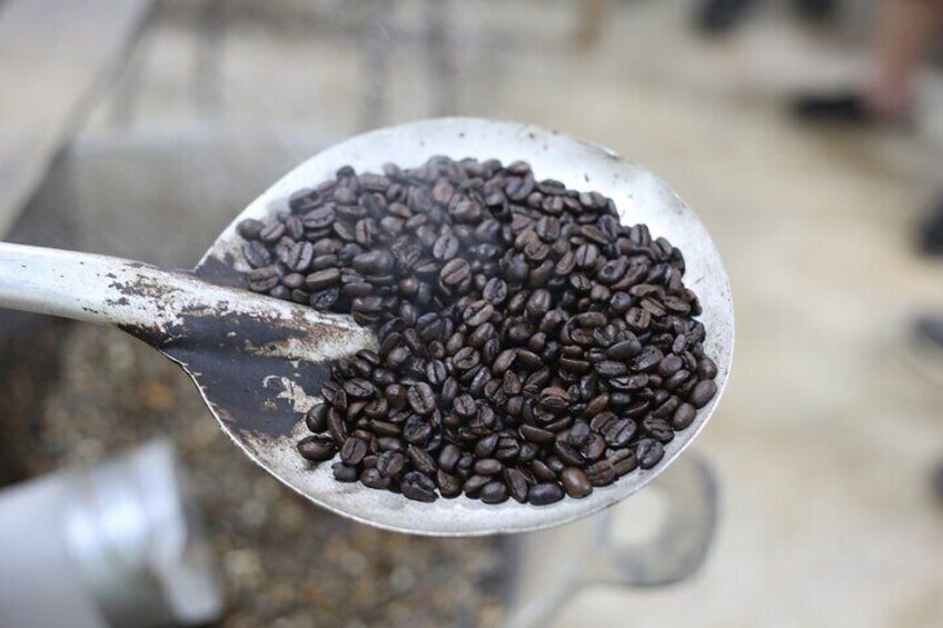 Une cuillère de grains de café bruns foncés. 4