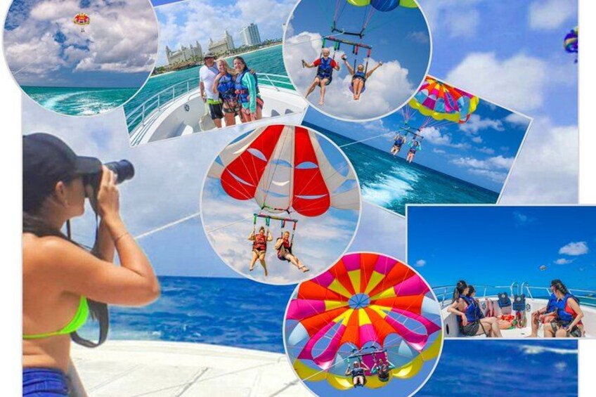 Een vrouw die een foto maakt, een boot met mensen en een kleurrijke parasol. 1
