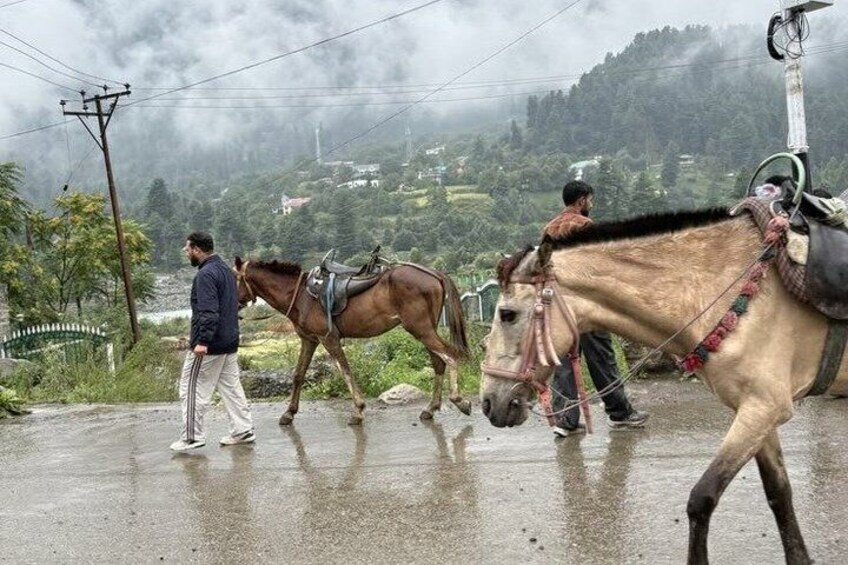 Een man leidt een paard met zadel over een nat wegdek, met een bergachtig landschap op de achtergrond. 3