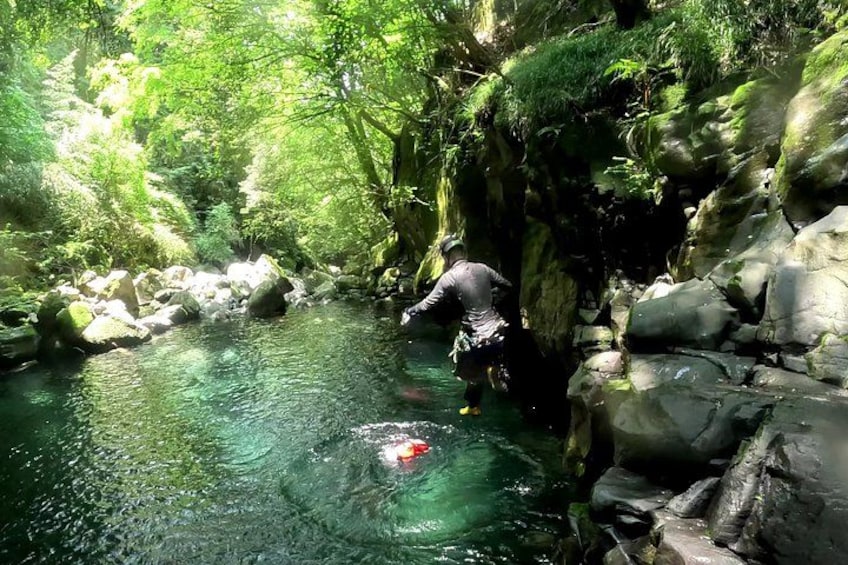 A person wading through a clear stream surrounded by rocks and greenery. 4