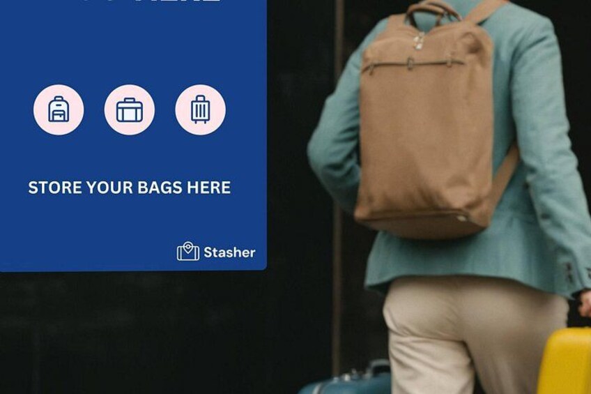 A person with a brown backpack standing next to a blue suitcase. 4